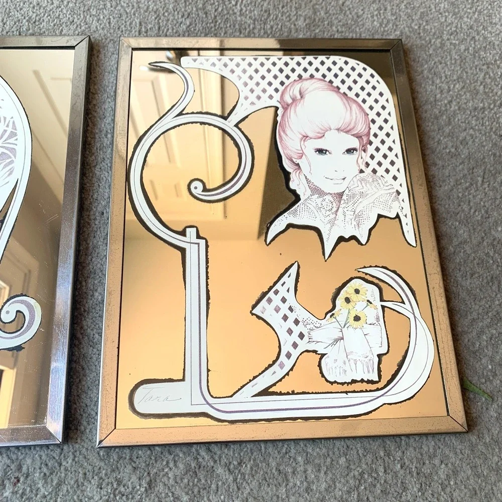 Vintage 1970 Signed William Tara MCM Mid Century Modern Mirror Wall Art Lot of 2